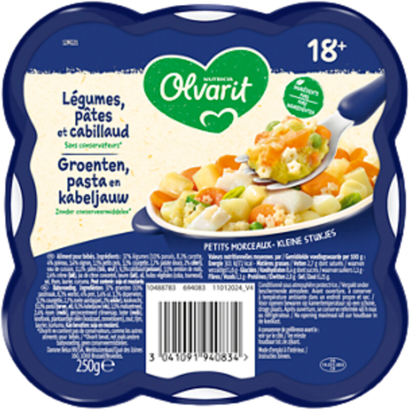 Een afbeelding van Olvarit Groenten, pasta en kabeljauw 18m+ bel