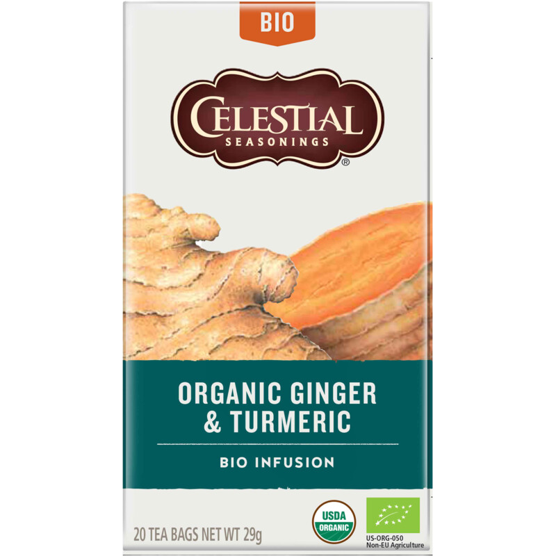 Een afbeelding van Celestial Seasonings Organic ginger & turmeric tea
