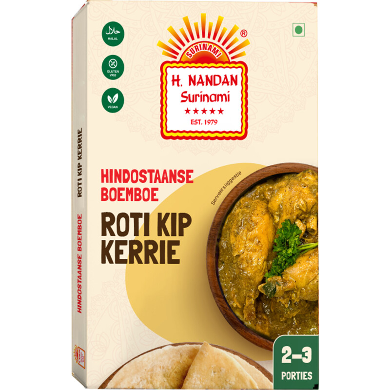 Een afbeelding van H. Nandan Hindostaanse boemboe roti kip kerrie