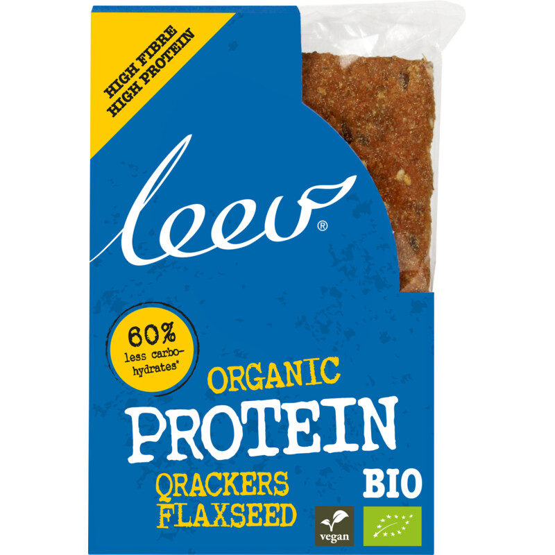 Een afbeelding van Leev Bio qrackers proteine flaxseed