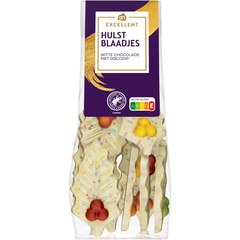 Een afbeelding van AH Excellent Hulstblaadjes witte chocolade discodip