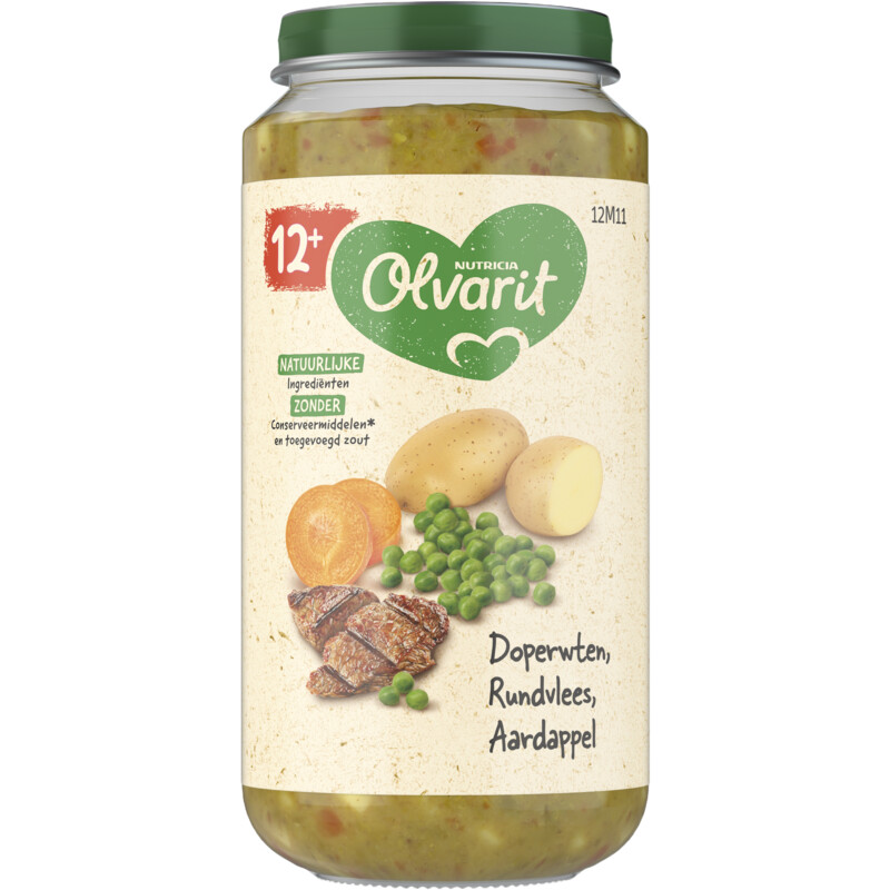 Een afbeelding van Olvarit 12+ mnd doperwten rundvlees aardappel