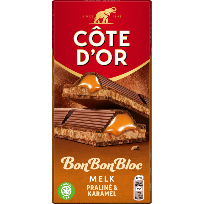 Een afbeelding van Côte d'Or BonBonBloc chocoladereep praliné karamel