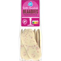 Een afbeelding van AH Chocolade blaadjes wit framboos