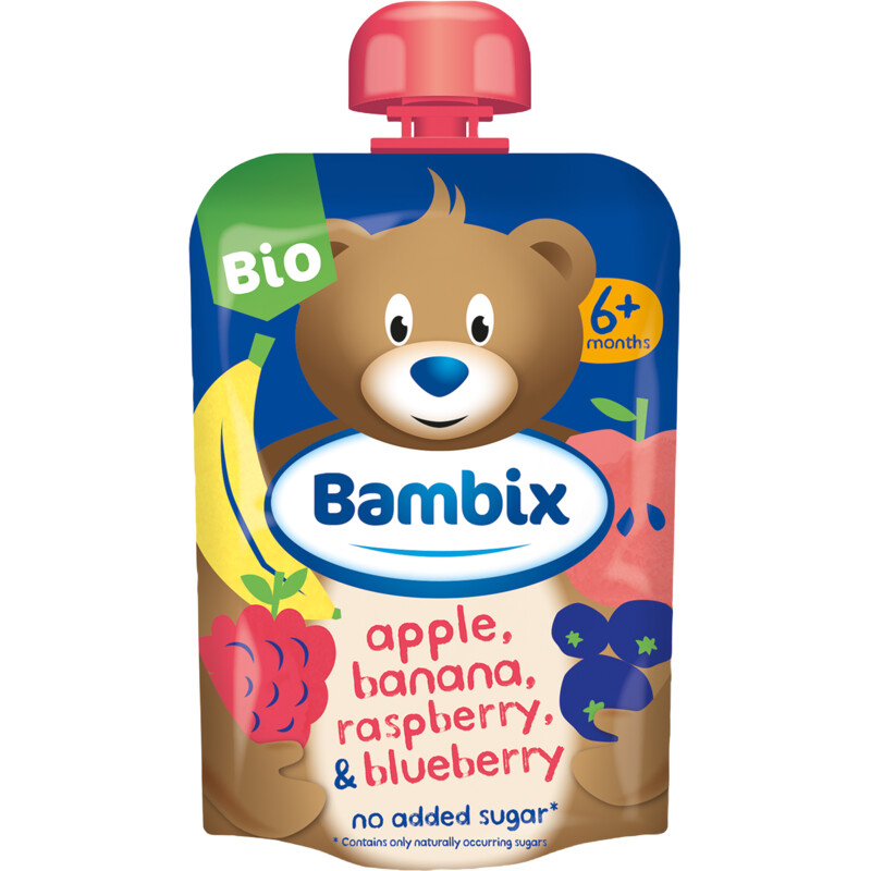 Een afbeelding van Bambix Apple, banana, raspberry 6m+ bel