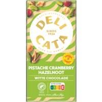 Een afbeelding van Delicata Reep witte chocolade pistache cranberry