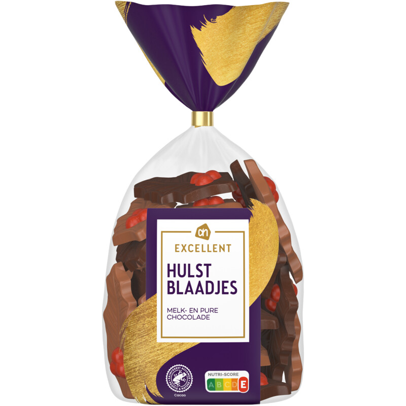Een afbeelding van AH Excellent Hulstblaadjes melk- en pure chocolade