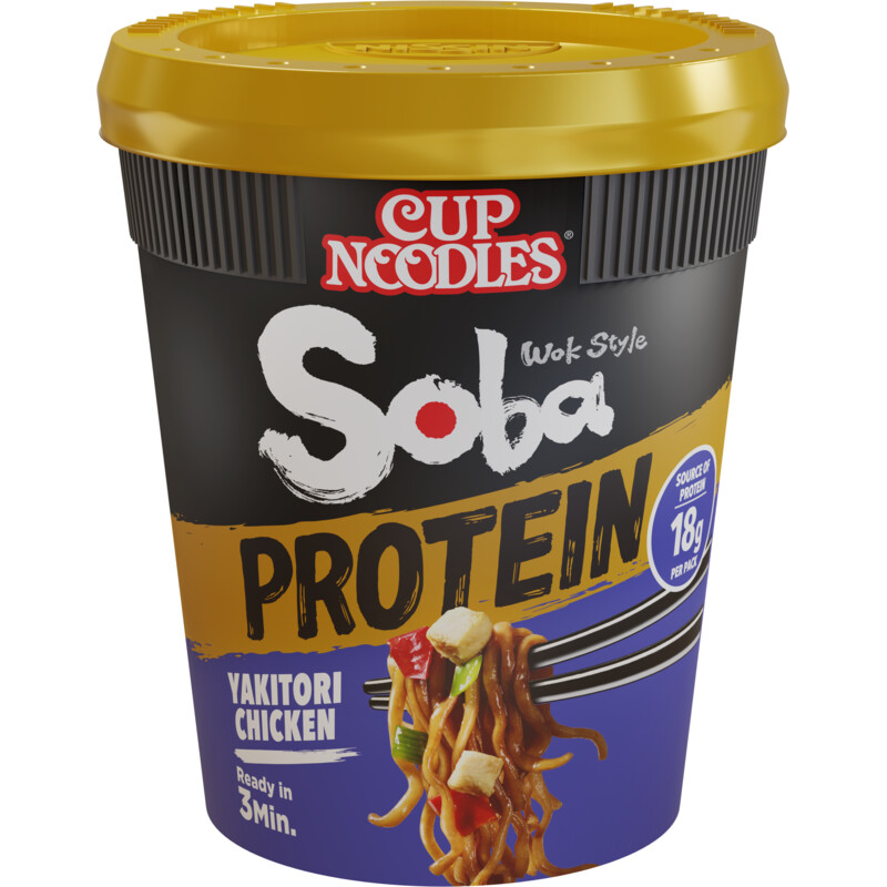 Een afbeelding van Nissin Soba cup noodle protein yakitori chicken