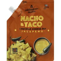 Een afbeelding van Jokilaakson Juusto Nacho & taco cheddar cheese dip jalapeno