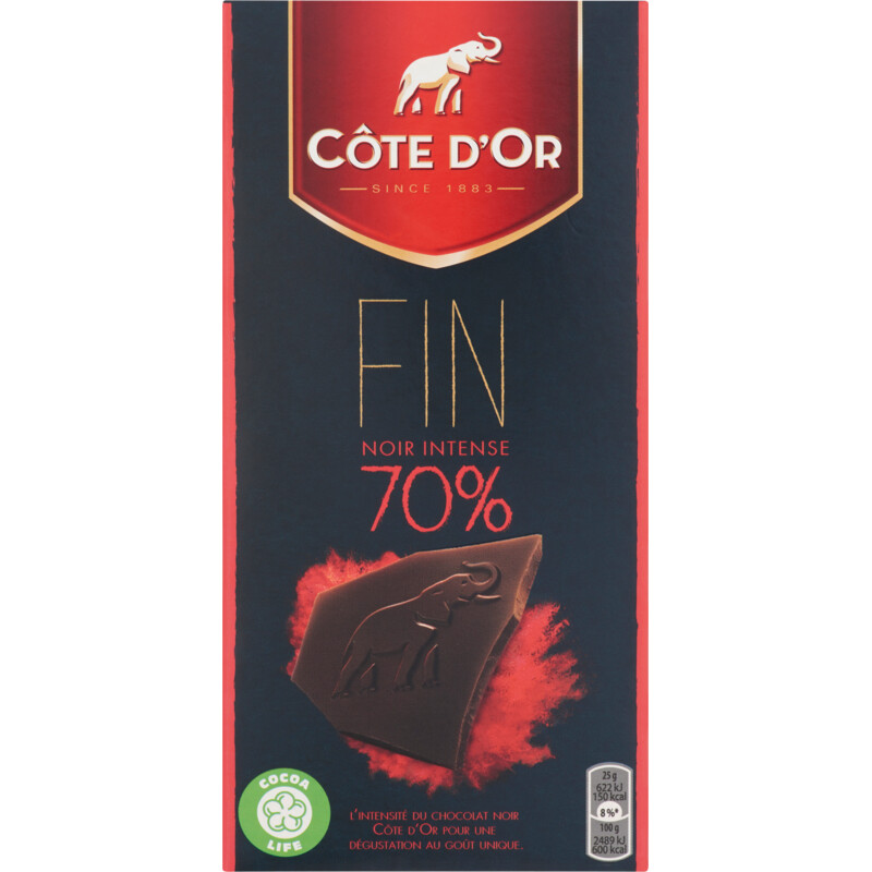 Een afbeelding van Côte d'Or 70% Pure chocolade reep intense