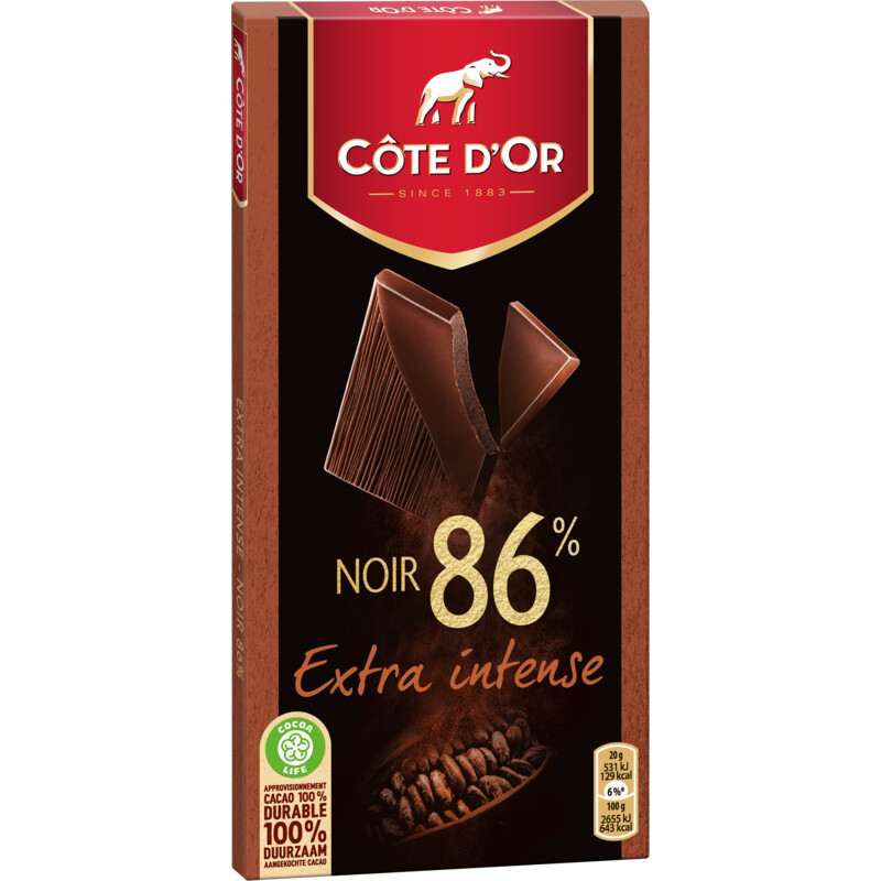 Een afbeelding van Côte d'Or Chocolade reep extra intense puur 86%