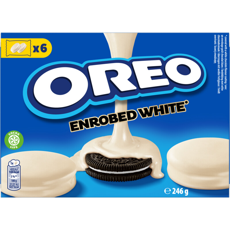 Een afbeelding van Oreo Koekjes omhuld met witte chocoladesmaak