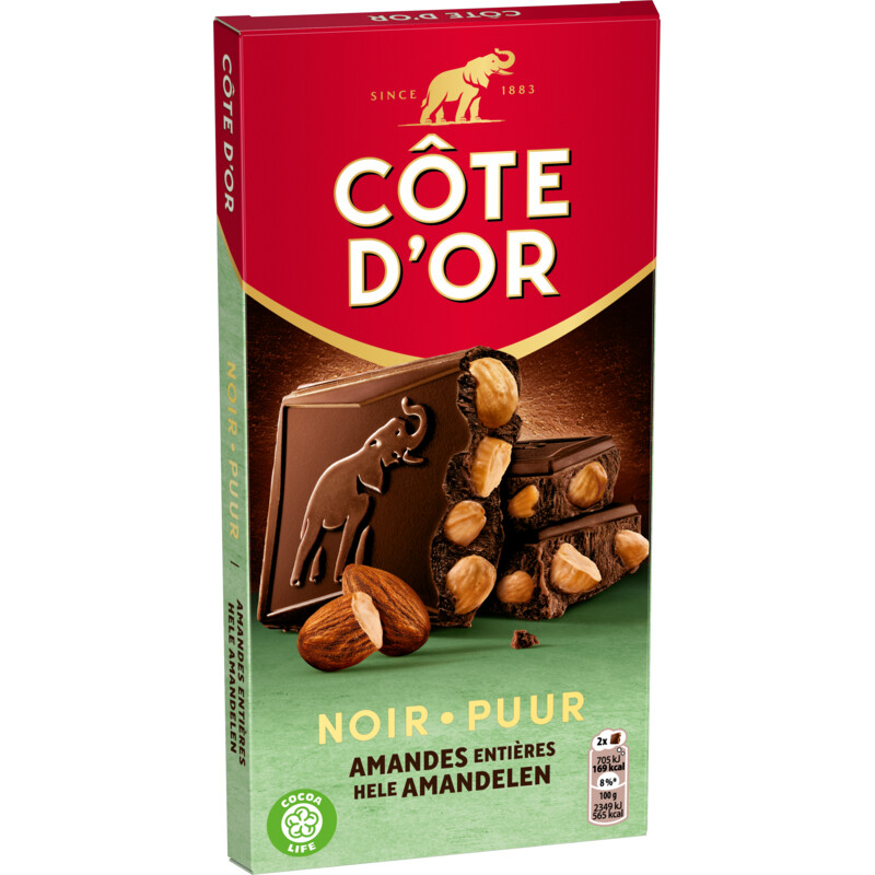 Een afbeelding van Côte d'Or Chocoladereep puur met hele amandelen