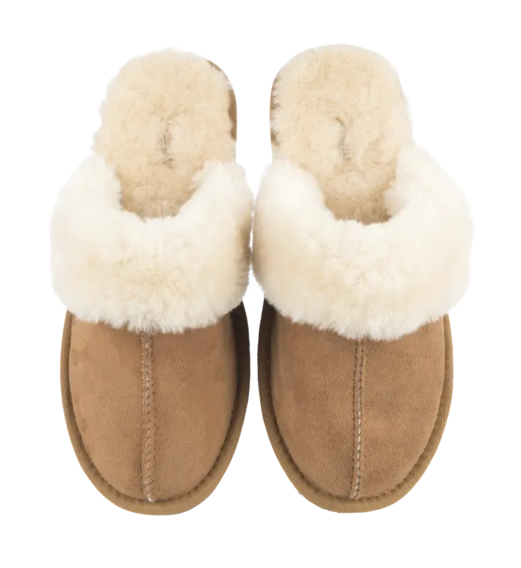 Dames sloffen suede camel maat 38