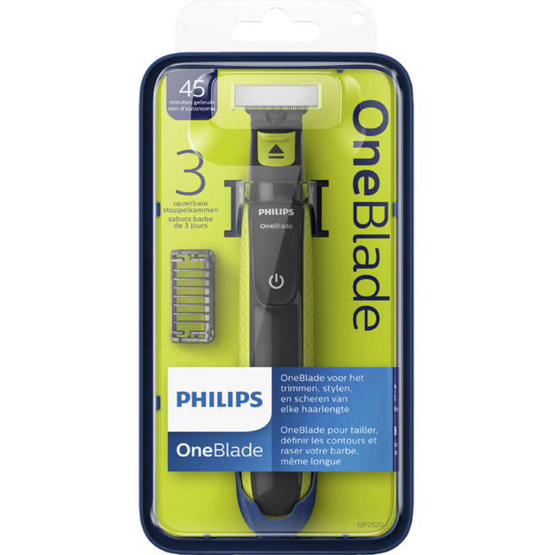 Een afbeelding van Philips Oneblade apparaat en 3 opzetkammen