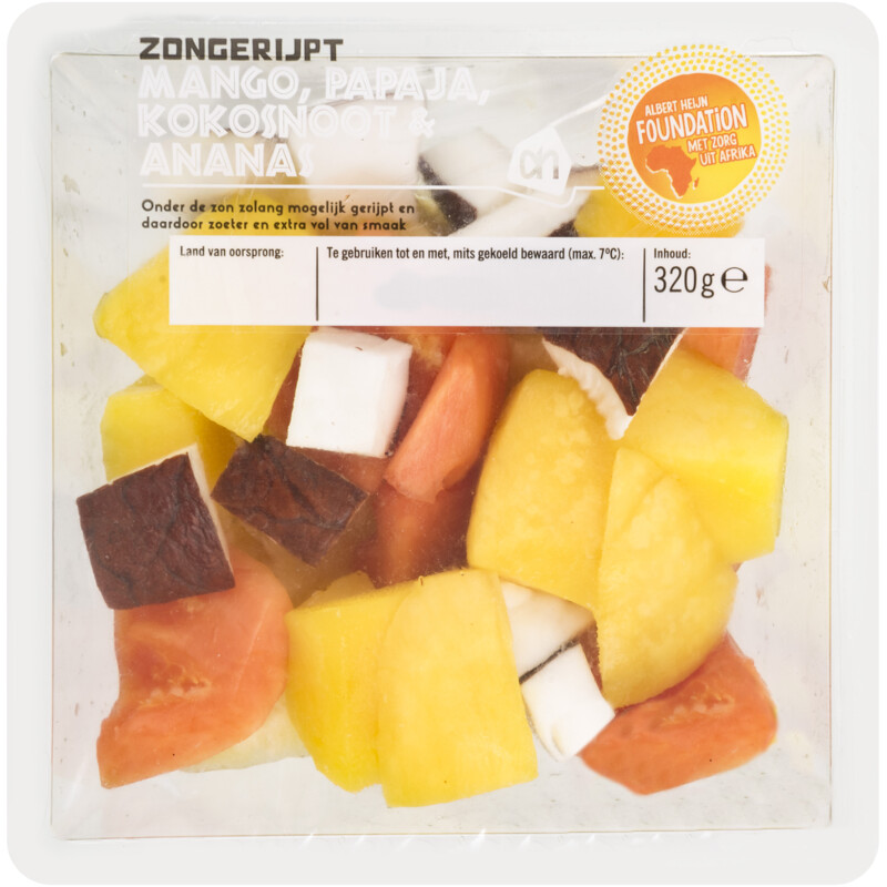 Een afbeelding van AH Mango, papaya, koksnoot en ananas