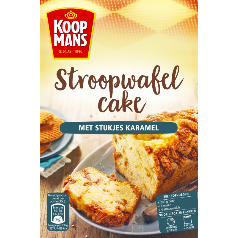 Een afbeelding van Koopmans Stroopwafel cake met stukjes karamel