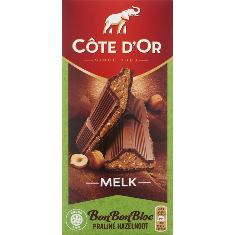Een afbeelding van Côte d'Or BonBonBloc chocoladereep hazelnoot