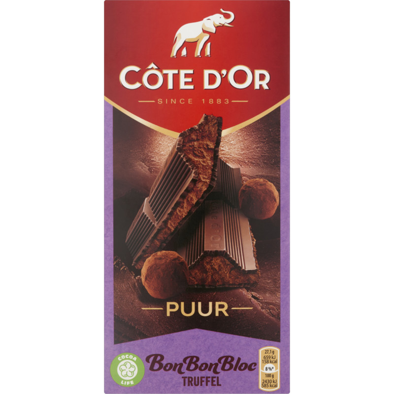 Een afbeelding van Côte d'Or Bonbonbloc chocolade reep puur truffel