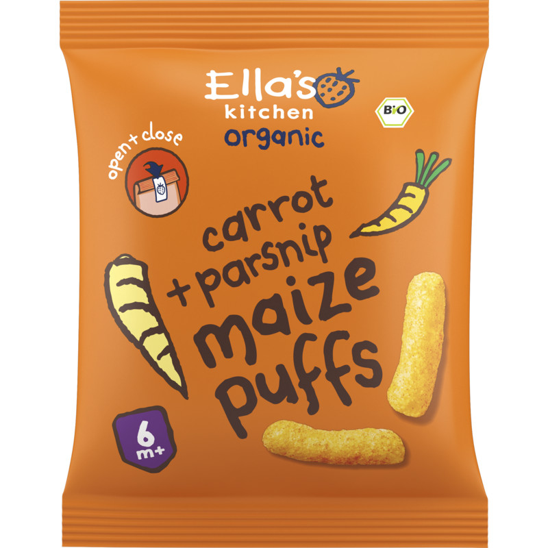 Een afbeelding van Ella's Kitchen Maize puffs wortel + pastinaak 6+ bio