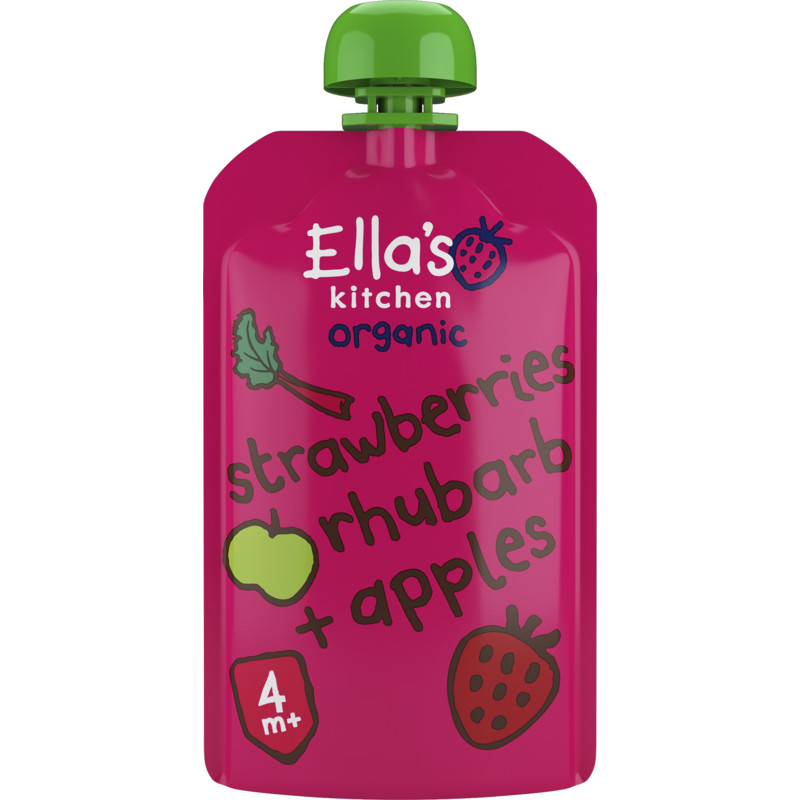 Een afbeelding van Ella's Kitchen Aardbeien, rabarber + appels 4+ bio