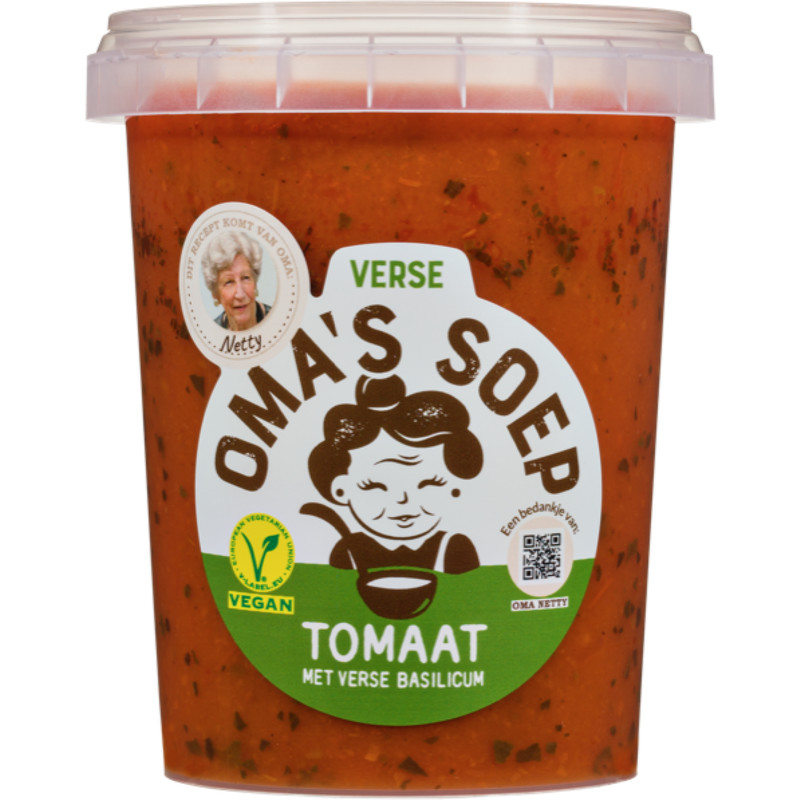 Een afbeelding van Oma's Soep Tomaat met verse basilicum