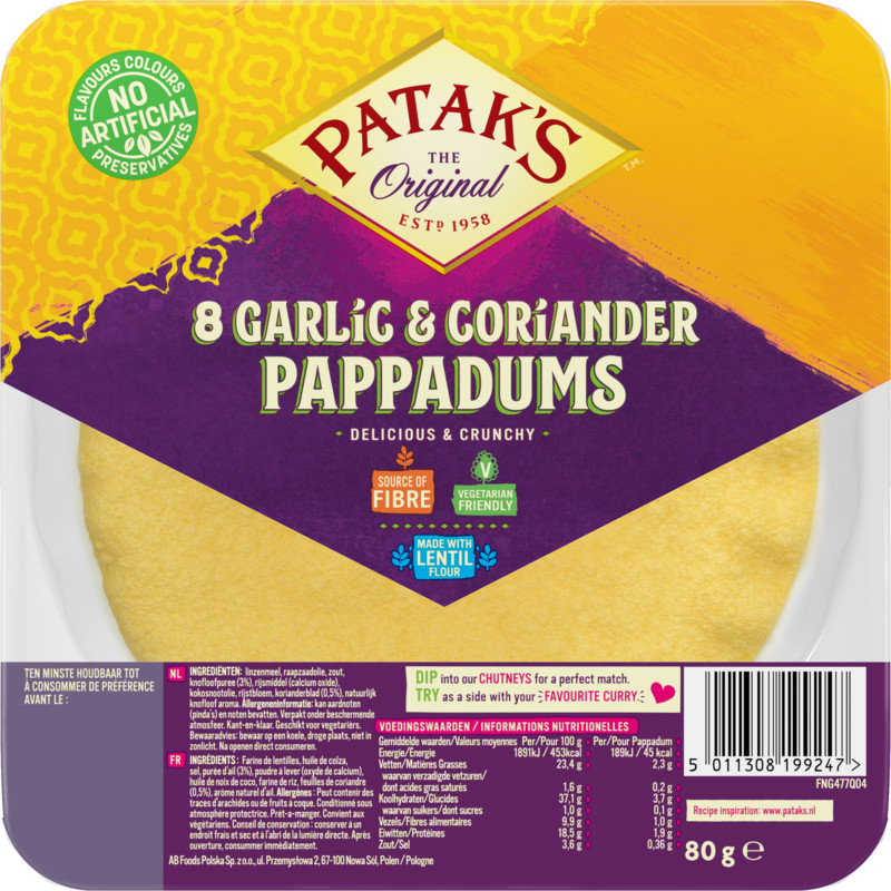 Een afbeelding van Patak's Pappadums garlic coriander kant en klaar