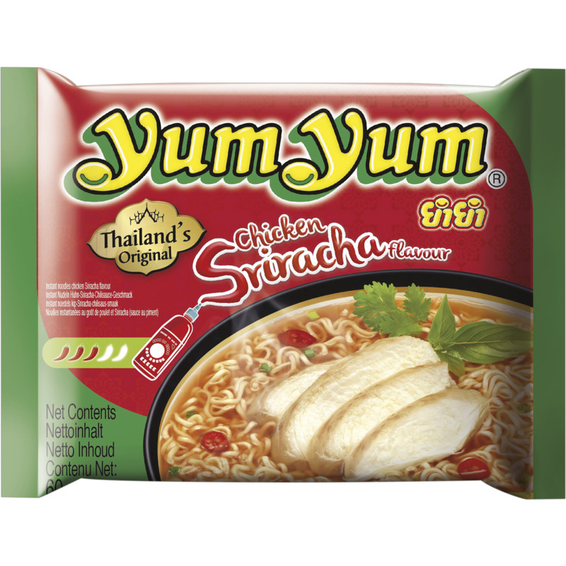 Een afbeelding van Yum Yum Chicken sriracha flavour instant noodles