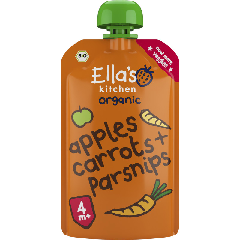 Een afbeelding van Ella's Kitchen Wortels, appels + pastinaak 4+ bio