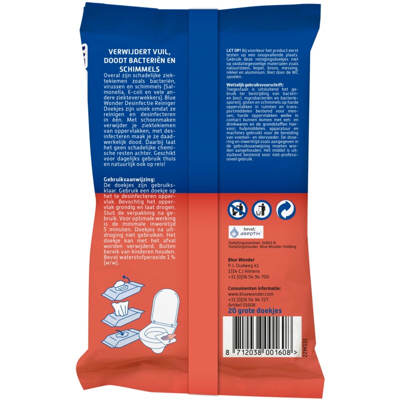 Een afbeelding van Blue Wonder Desinfectie reiniger WC doekjes