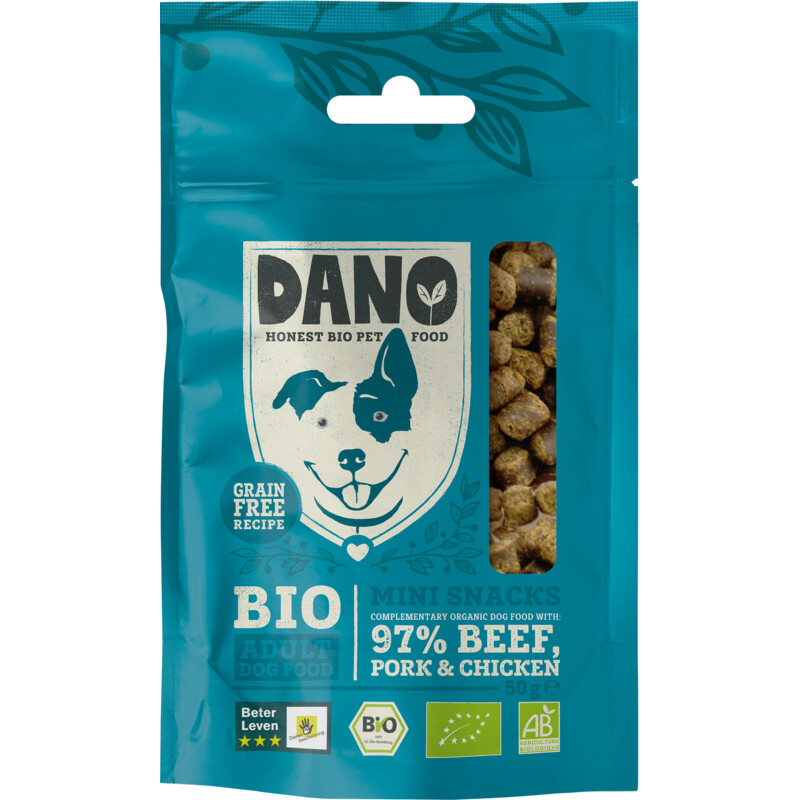 Een afbeelding van DANO Mini snacks beef, pork & chicken bio
