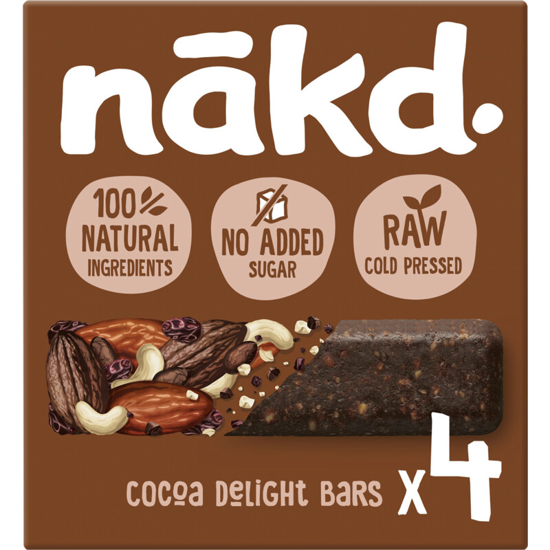 Een afbeelding van Nakd. Cocoa delight fruitreep met noten