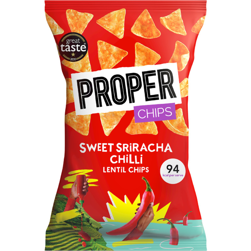 Een afbeelding van PROPER Sweet Sriracha Chilli Lentil Chips