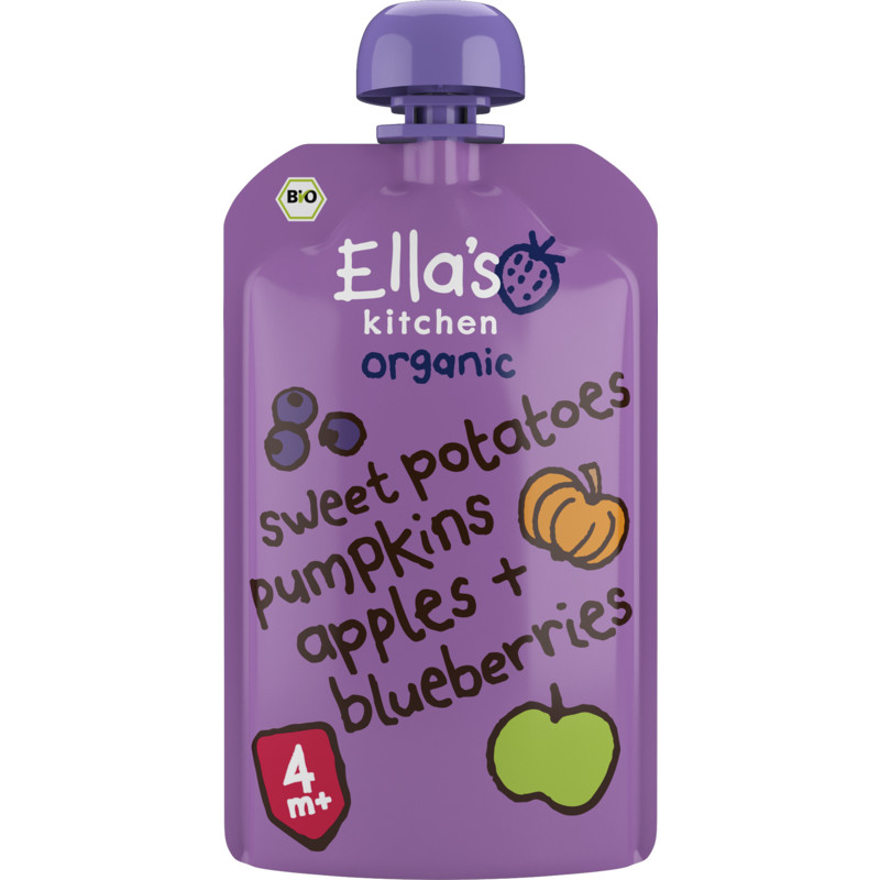 Een afbeelding van Ella's kitchen Zoete aardappel, pompoen + bosbes 4+ bio
