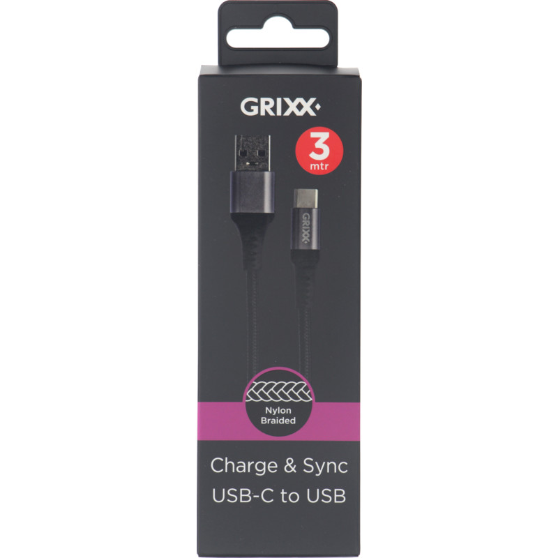 Een afbeelding van Grixx Gevlochten usb-c kabel zwart 3m