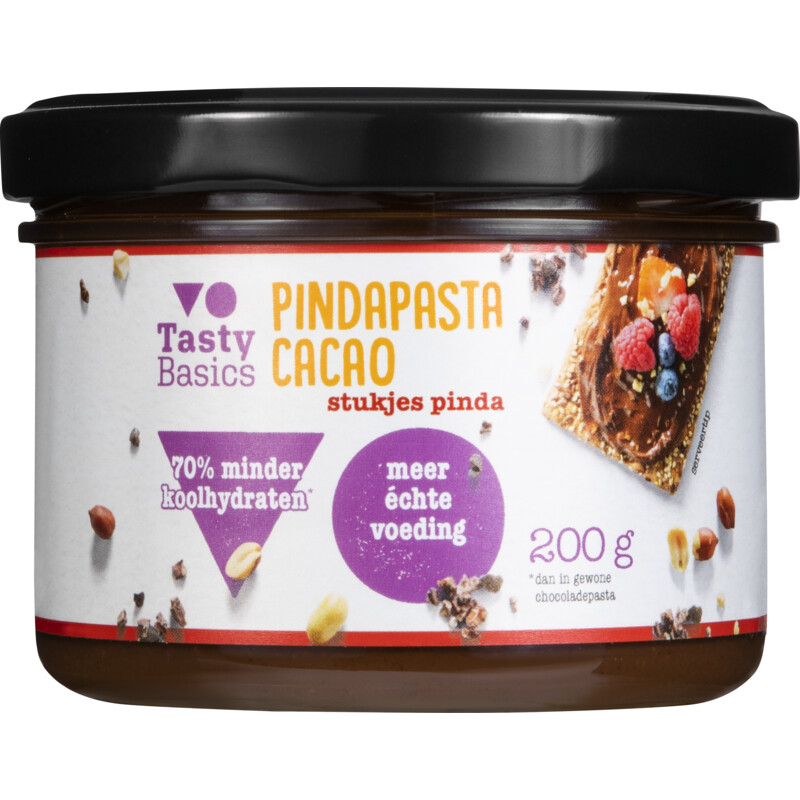 Een afbeelding van TastyBasics Pindapasta cacao met stukjes