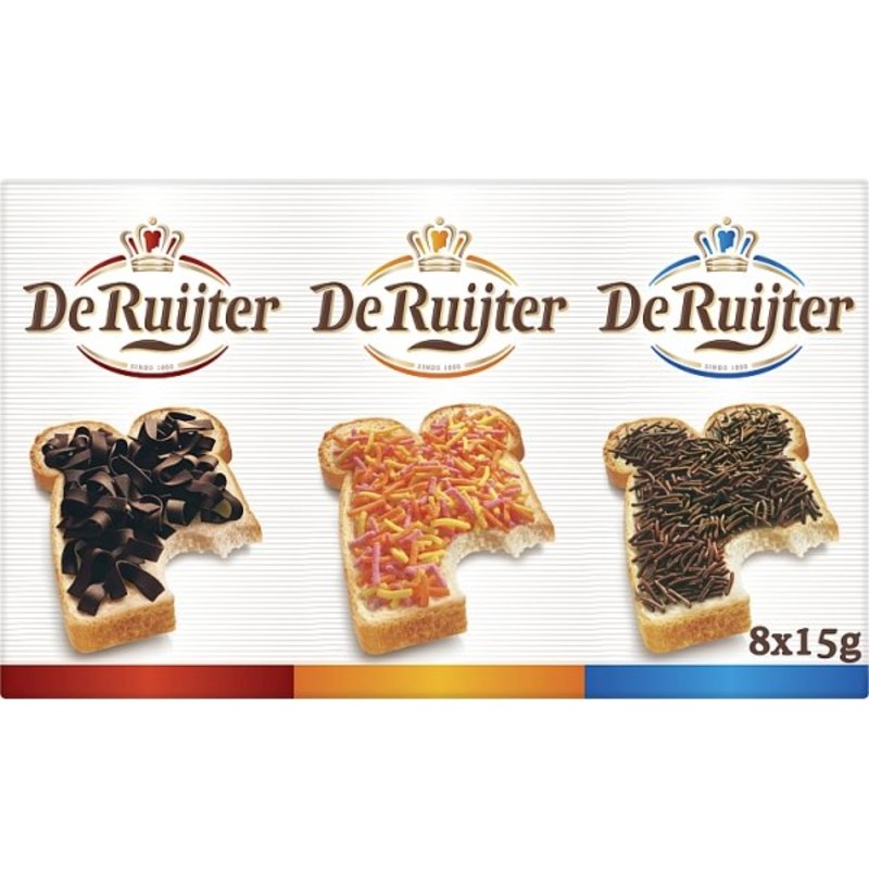 De Ruyter Hagelsag De Ruijter 8 Kleintjes Mini Boxs Melk & Puur, Vlokken Melk & Puur en Vruchtenhagel sprinkels 1 box with 8 small Assortment by De Ruijter
