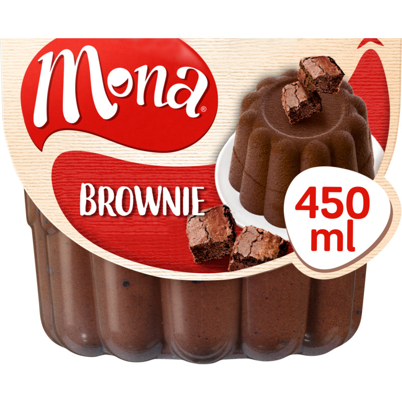 Een afbeelding van Mona Browniepudding met echte stukjes brownie