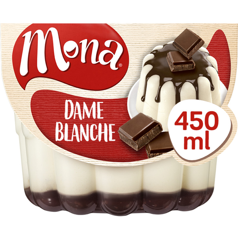Een afbeelding van Mona Dame blanche pudding met chocoladesaus