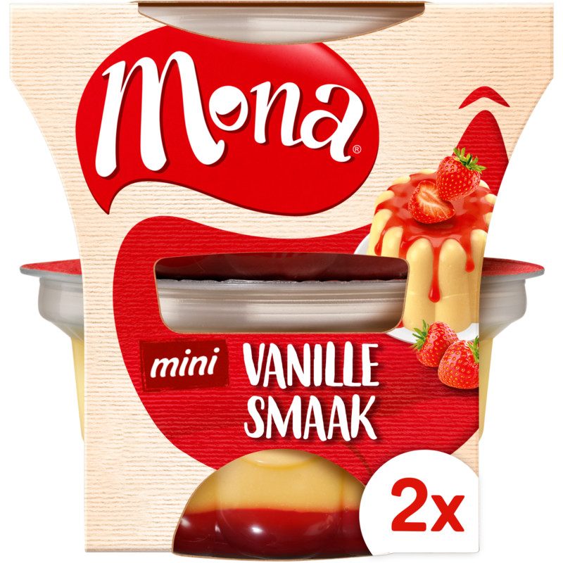 Een afbeelding van Mona Pudding vanille met aardbeiensaus duo