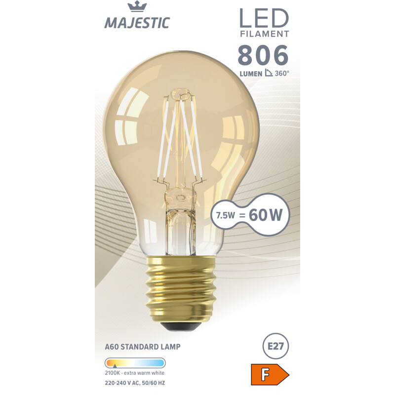 Een afbeelding van Majestic Led fil standaard goud E27 60W