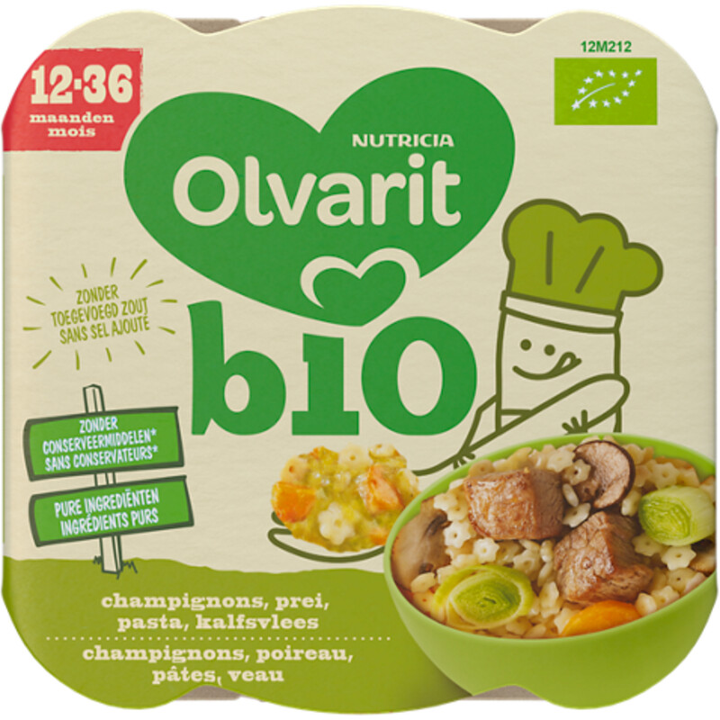 Een afbeelding van Olvarit Bio 12+ mnd champignons prei pasta kalf