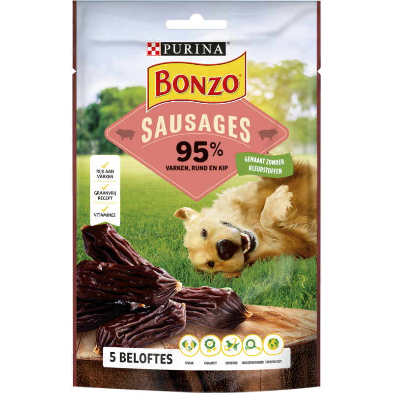 Een afbeelding van Bonzo Sausages hondensnack rijk aan varken
