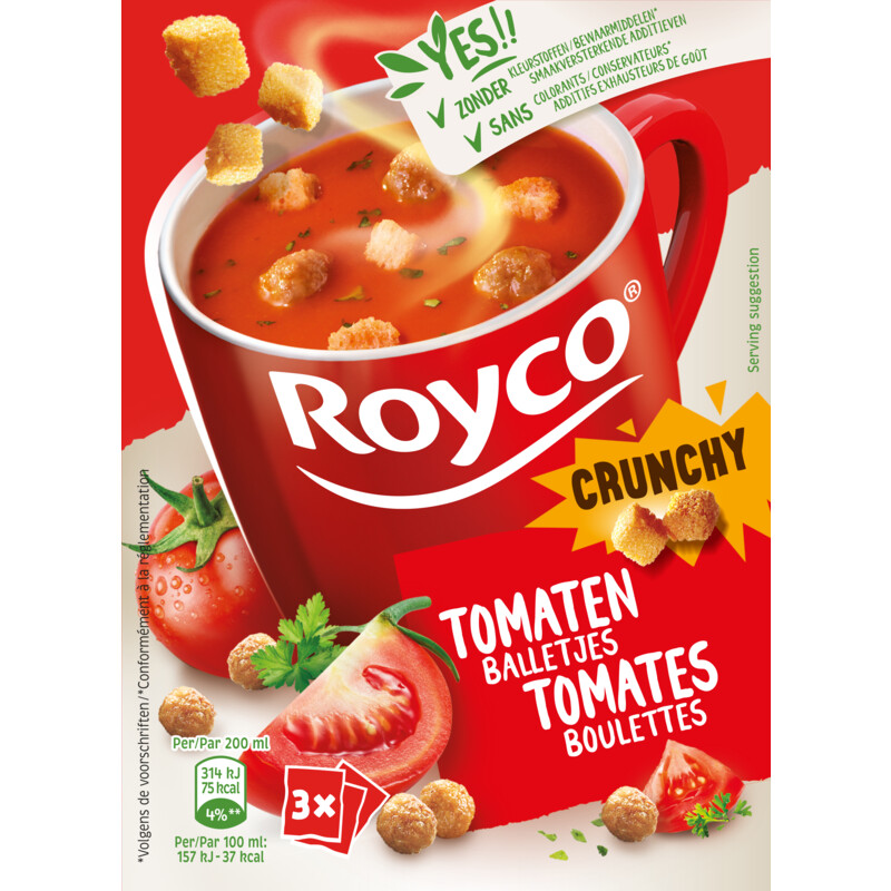 Een afbeelding van Royco Minute soupe crunchy TomatenBal BEL