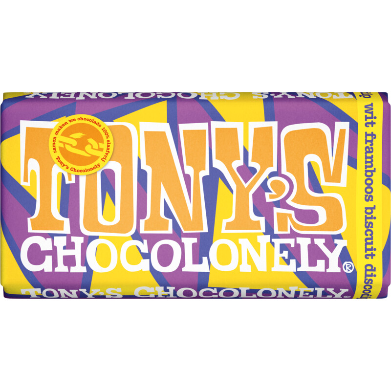 Een afbeelding van Tony's Chocolonely Wit framboos biscuit discodip
