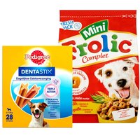 Een afbeelding van Frolic hondenvoer en Denta snack pakket	
