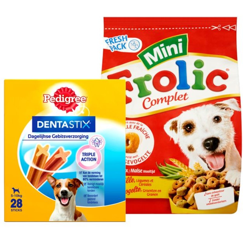 Een afbeelding van Frolic hondenvoer en Denta snack pakket	