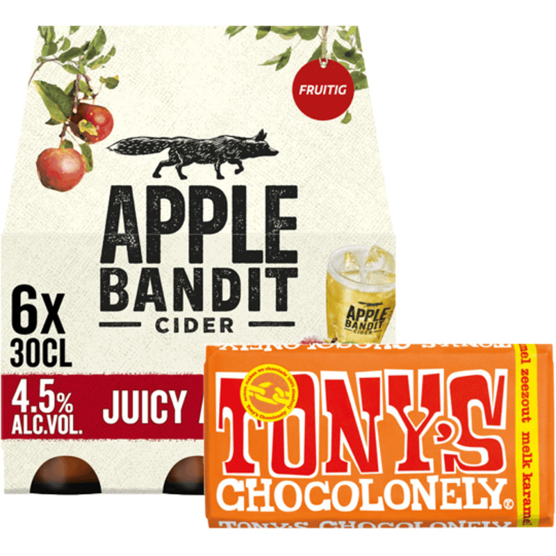 Een afbeelding van Apple Bandit Cider & Tony karamel chocolade