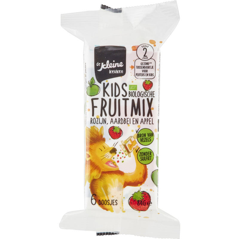 Een afbeelding van De Kleine Keuken Kids fruitmix rozijn,aardb 24+m