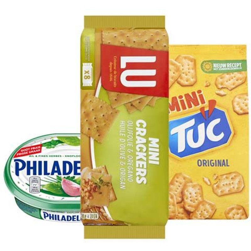 Een afbeelding van Philadelphia borrelpakket met crackers